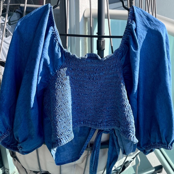 Plus Sz 1X Bow Front Tie Denim Crop Top 100% Cotton - Picture 7 of 12